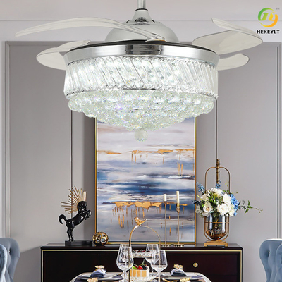 Modern Luxury Invisible Crystal Ceiling Fan Light 42 Inch 4 Fan Blades Untuk Ruang Makan