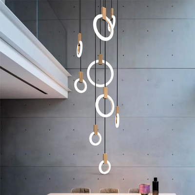 Perlengkapan Pencahayaan Tangga Ruang Tamu Loft Hanging Suspension Metal Acrylic Rings Pendant Light
